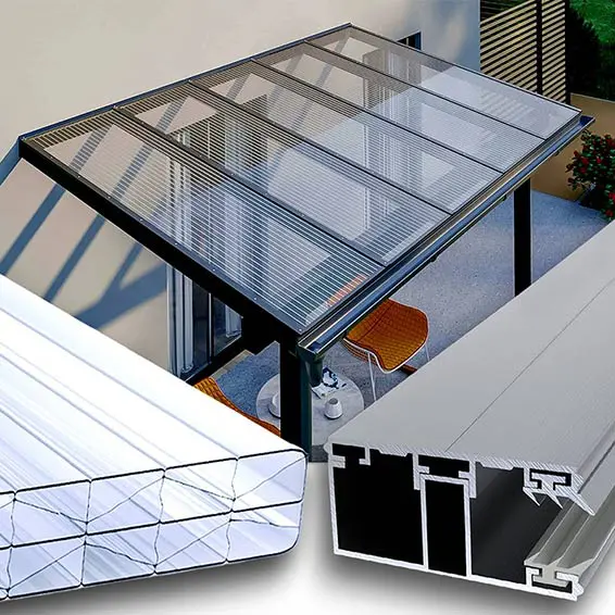 Terrassendach aus Polycarbonat Doppelstegplatten mit X-Struktur 16 mm klar, Alu-Alu, zeigt Profile, Platten und das fertige Dach