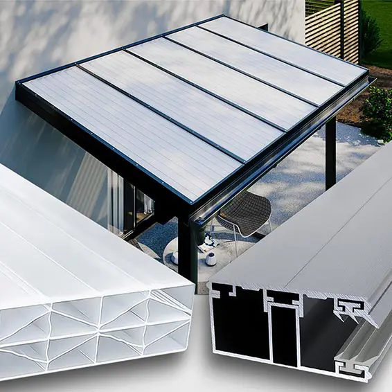 Terrassenüberdachung Mit 16 Mm Doppelstegplatten In Weiß Opal X-Struktur Und Aluminiumkonstruktion, Von Stegplattenversand.