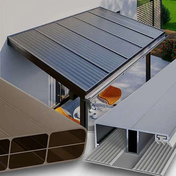 Terrassenüberdachung mit 16 mm Doppelstegplatten in Braun Bronze mit 3-fach-Struktur und Aluminiumkonstruktion, erhältlich bei Stegplattenversand