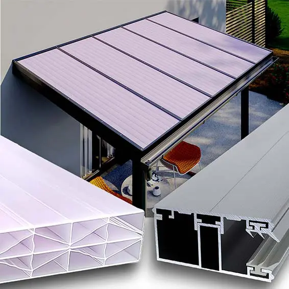 Terrassenüberdachung mit 16 mm Doppelstegplatten in Opal Violett Schimmernd mit X-Struktur und Aluminiumkonstruktion, von Stegplattenversand