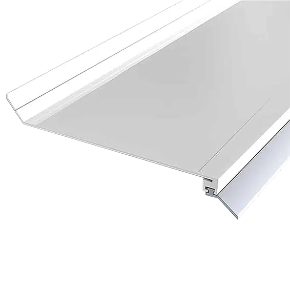 Wandanschlussprofil aus weißem Aluminium mit langer Dichtlippe, ideal für eine ästhetisch ansprechende und dichte Verbindung zu Gebäudewänden