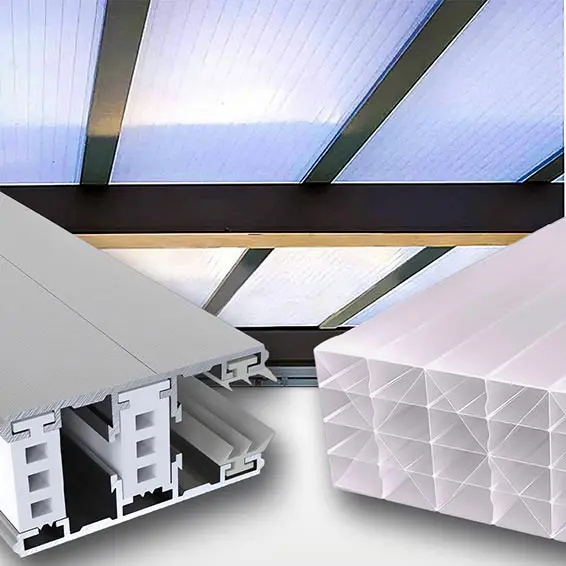 Terrassenüberdachung mit 32 mm Doppelstegplatten in Opal Violett Schimmernd, Alu Thermo Profil und 5X-Struktur, von Stegplattenversand