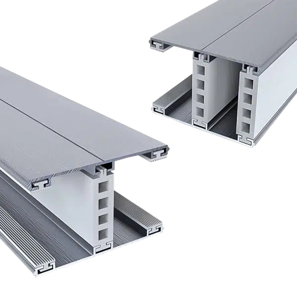 Zwei Alu/Thermo Glassysteme, bestehend aus einem Mittel- und einem Randprofil für 24-32 mm Isoglas, in Alu/Alu-Ausführung.