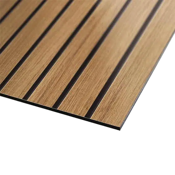 ALUCOM® Design 6mm Holzlamelle – Aluverbundplatte mit schmaler Holzlamellenoptik und schwarzen Fugen.