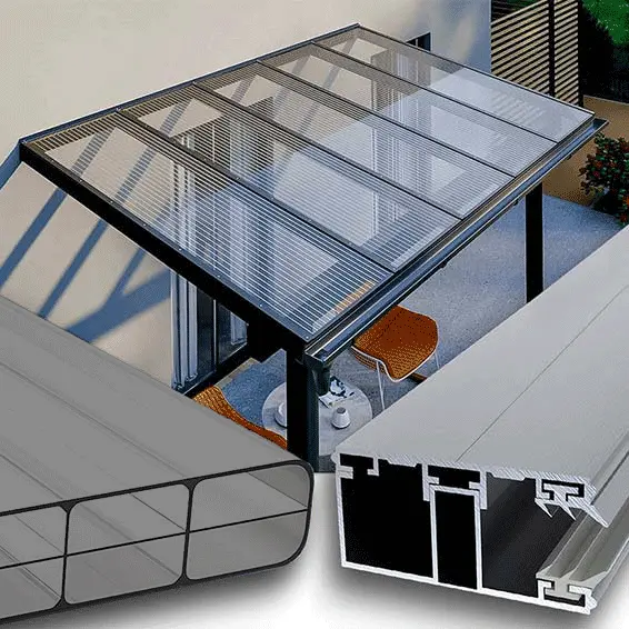 Terrassendach Aus Polycarbonat Doppelstegplatten 3-Fach 16 Mm In Graphit Mit Alu-Alu Profil, Detailansicht Der Platte Und Vollständige Überdachung