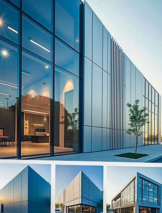 Moderne Gebäudefassade mit Aluverbundplatten-Verkleidung und Glasfront, mehrere Detailansichten verschiedener Gebäudeecken mit Aluverbundplatten-Fassaden